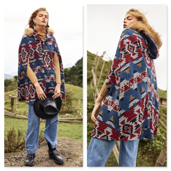 Hooded Boho Cape Faux Fur Aztec Print - Picture 3 of 8